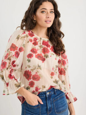 Candid Crew Neck Mid Sleeve Top - Cream Red Rose