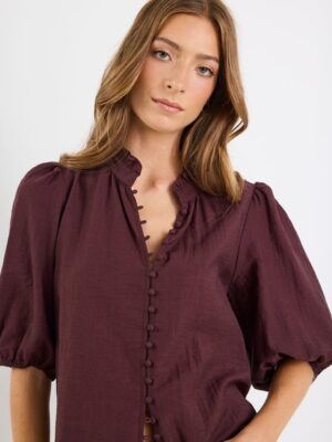 Continuance Semi Sheer High Neck Buttoned Short Sleeve Top - Chocolate