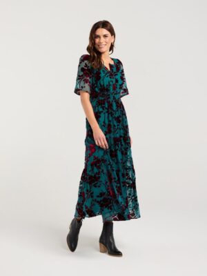 Mikayla Viscose Burnout Dress - Jade Bouquet Velvet