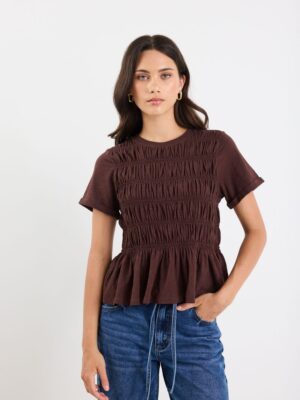Neat Slub Shirred Detail SS Tee - Chocolate