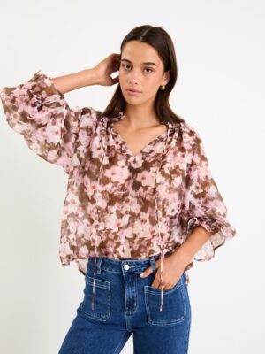 Odyssey Floral Shirred Neck LS Top - Blush Chocolate