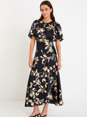 Stage Satin Puff Sleeve Floaty Maxi Dress - Black Beige Floral