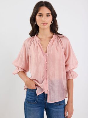 Encounter Textured SS Gathered Button Front Top - Blush