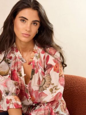 Usher Belted Button Front Top - Blush Woodland Floral