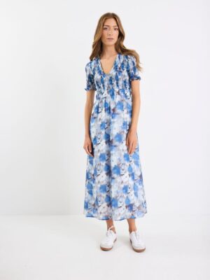 Aperture Short Sleeve Shirred Bodice Midi Dress - Sky Blue Floral