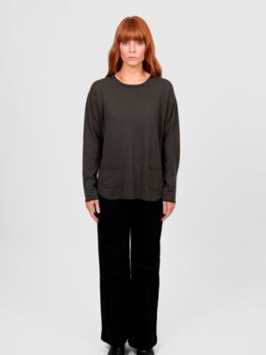 Relaxed Curve Hem Pullover W/Pockets - Olive