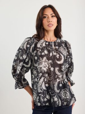 Briefly Scrolling Foilage Frill Sleeve Crew Neck Top - Black