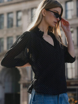 Closure High Neck Buttoned SS Top - Black Mini Polka Dot