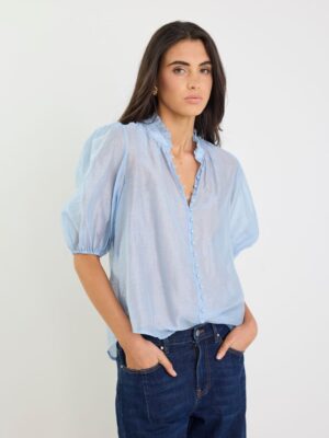 Continuance High Neck Buttoned SS Top - Pale Blue