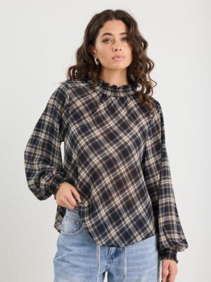 Embrace Chiffon Shirred Neck LS Top - Black Check