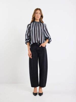 Embrace Chiffon Shirred Neck LS Top - Grey Stripe