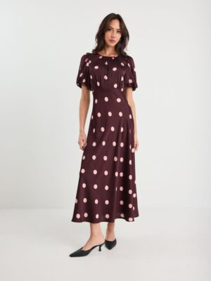 Stage Puff Sleeve Satin Floaty Maxi Dress - Plum Polka Dot