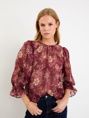Candid Frill Sleeve Crew Neck Top - Plum Smudge Floral