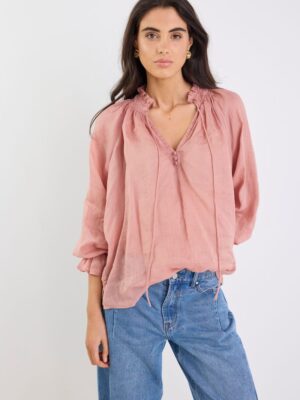 Odyssey Shirred Neck Button Long Sleeve Top - Blush