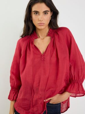 Odyssey Shirred Neck Button Mid Sleeve Top - Red