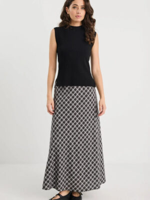 Soulmate Bias Cut Midi Skirt - Black White Check