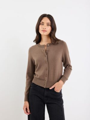 Autograph Soft Fine Gauge Crewneck Cardigan - Mocha