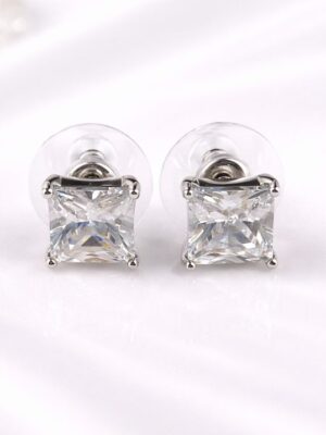 Princess Cut Stud Earrings - Silver