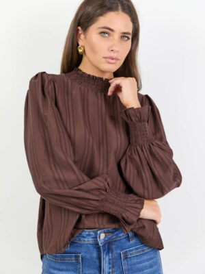 Embrace Shirred Neck LS Top - Chocolate Self Stripe