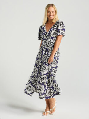 Mariana Button Front Dress - Midnight Peony