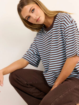 Cohesion Oversized Contrast Binding Boxy SS Tee - Ice Blue Chocolate Stripe