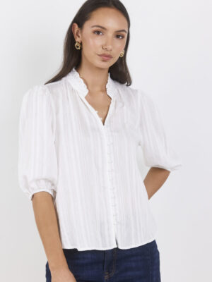 Continuance Button Through Mid Sleeve Top - Ivory Self Stripe
