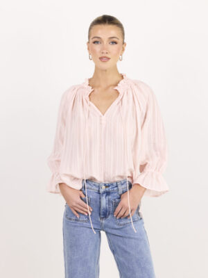 Expedition Shirred Neck Short Sleeve Top - Blush Self Stripe