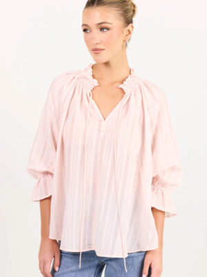 Expedition Shirred Neck Short Sleeve Top - Blush Self Stripe