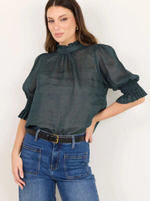 Verse Sheer High Neck Short Sleeve Top - Petrol