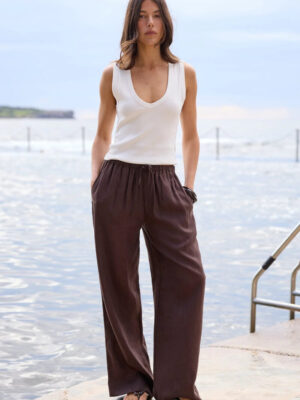 Wellness Linen Pull On Wide Leg Pants - Dark Chocolate