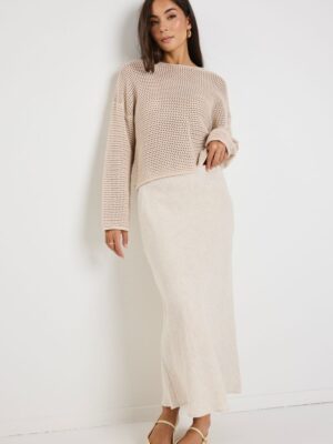Bliss Linen Bias Midi Skirt - Natural