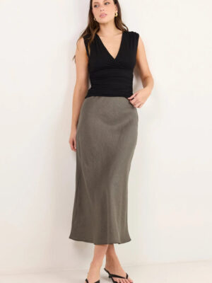 Bliss Linen Bias Midi Skirt - Dark Olive
