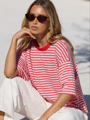 Cohesion Oversized Contrast Binding Boxy SS - Pink Red Stripe