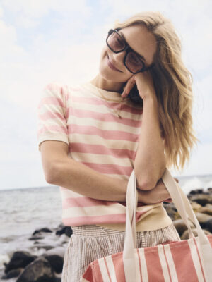 Mila SS Block Stripe Pullover - Blooming Ivory Block Stripe